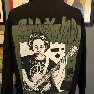 Sunny War Up-Cycled Black and Green Graphic Denim Jacket Women’s Size XL